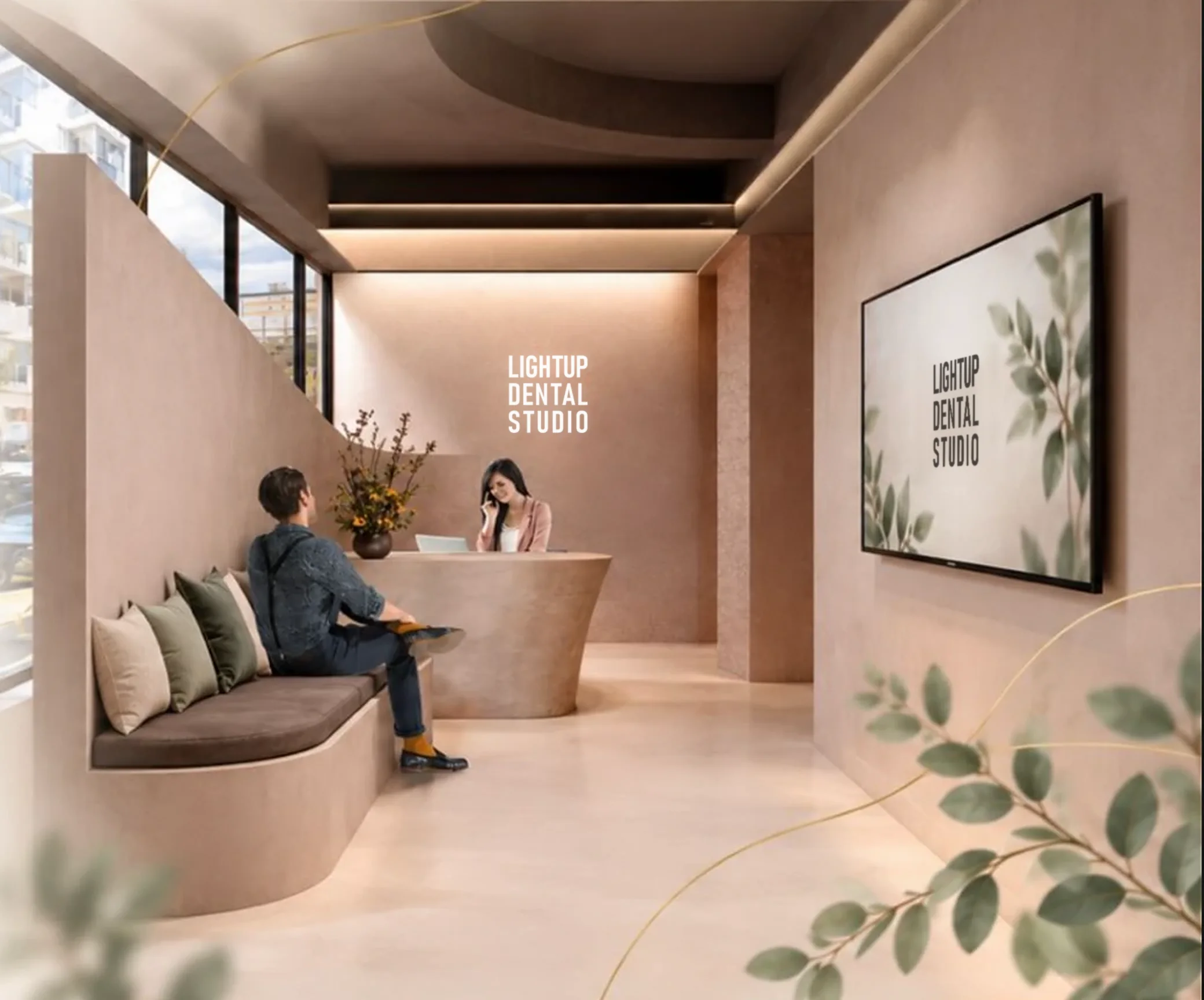 Receção do Light Up Dental Studio: um espaço acolhedor, de tons quentes e luz suave